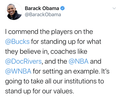 △“我赞扬雄鹿队的球员们为他们的信念挺身而出，像Doc Rivers这样的教练、NBA和WNBA也都树立了榜样。我们所有的机构都需要维护我们的价值观。”