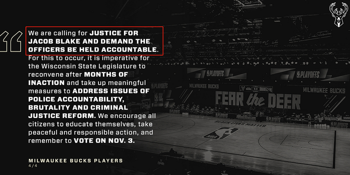 △“我们为雅各布·布雷克呼吁公平与正义，希望能将肇事的警察绳之以法。”雄鹿队球员在声明中这样写道。