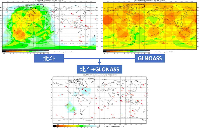 北斗+GLONASS的卫星可见数量（颜色越浅越好） | 图片来源：GLONASS-IAC，由作者制图