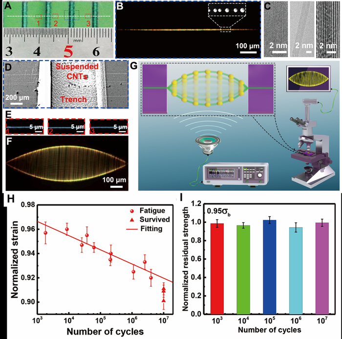 超长碳纳米管的耐疲劳性能.（A-E）厘米级超长碳纳米管样品；（F-G）非接触式声学共振测试系统机理示意图;（H-I）超长碳纳米管的耐疲劳性能。图片来自清华新闻网