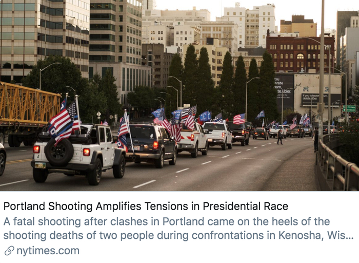 波特兰枪击事件加剧了总统大选的紧张局势。/&nbsp;《纽约时报》报道截图
