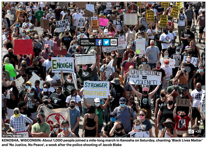  威斯康星州爆发抗议活动，民众高呼“没有正义就没有和平”等口号。/&nbsp;《每日邮报》网站截图