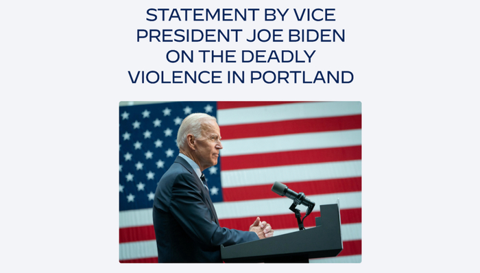  民主党总统候选人拜登对波特兰暴力事件发表声明。/&nbsp;拜登竞选网站截图