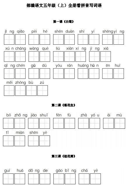 统编版语文五年级上册看拼音写词语练习丨可打印