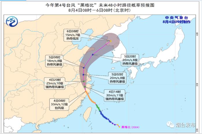 烟台发布台风预报：受"黑格比"外围影响，4日夜烟台小到中雨