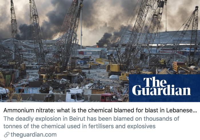  黎巴嫩首都爆炸事件应该归咎于什么化学物质？/ 《卫报》报道截图
