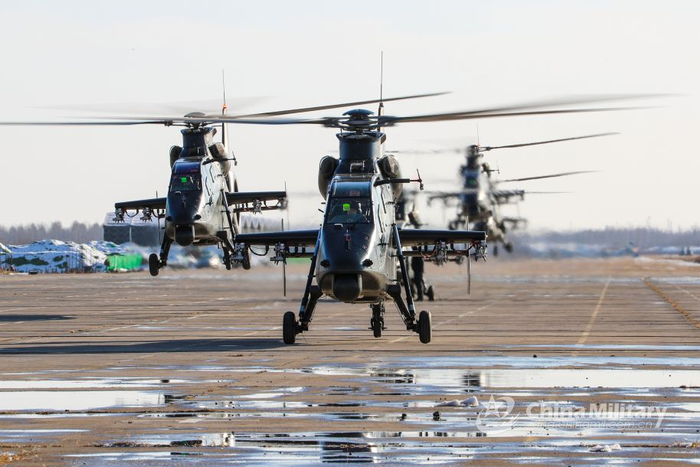 另一角度拍摄的直-19机群起飞照片。（图片来源：中国军网）