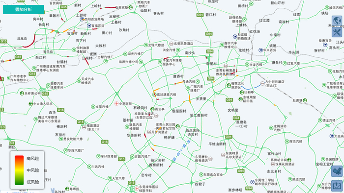 △东莞市水淹风险道路分布图示