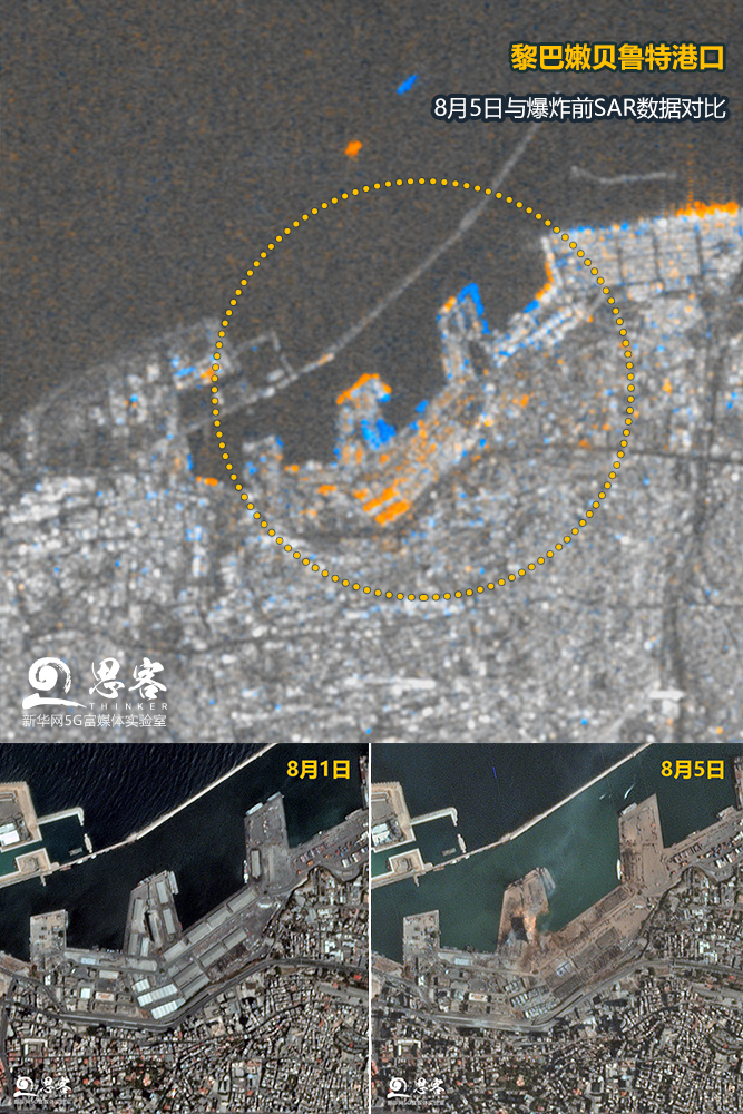 ▲爆炸前后的贝鲁特港口区对比图。上图黄蓝区域为通过合成孔径雷达SAR检测出的建筑物体结构变动最大的部分。卫星数据来源：SENTINEL-1、PLANET LABS