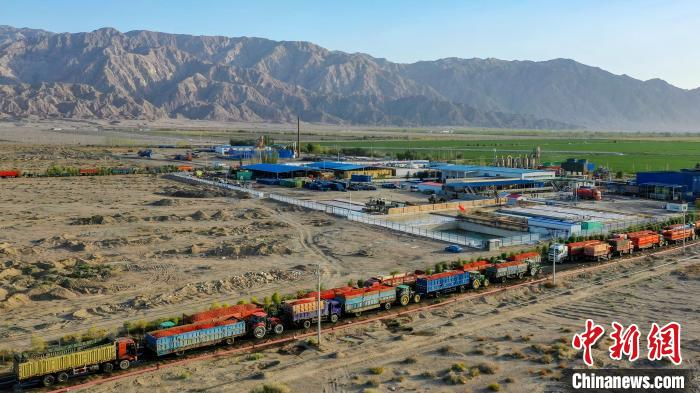 在博湖县工业园区番茄加工厂门前，运输车辆载满番茄、排队等待交售。　年磊 摄