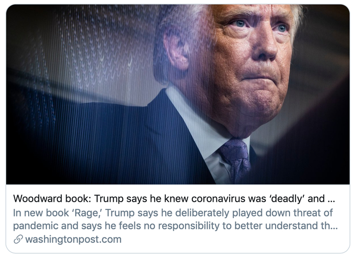 特朗普承认早知新冠病毒“致命性”。/《华盛顿邮报》报道截图