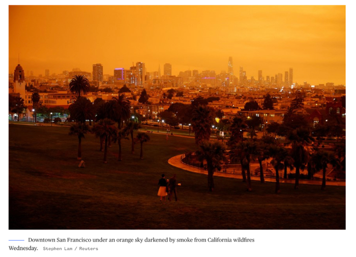 当地时间9月9日，旧金山市中心的天空被加州野火的烟尘覆盖。/&nbsp;路透社