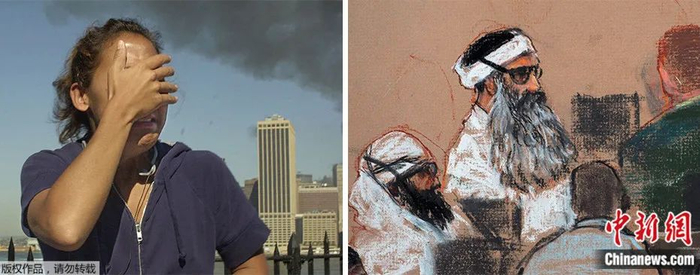 ▲资料图片：左：2001年9月11日，一位女性目击“911”恐袭场面，流下泪水。右：2014年，“911”策划者参加听证会。然而，十九年后，5名策划者仍未正式受审。