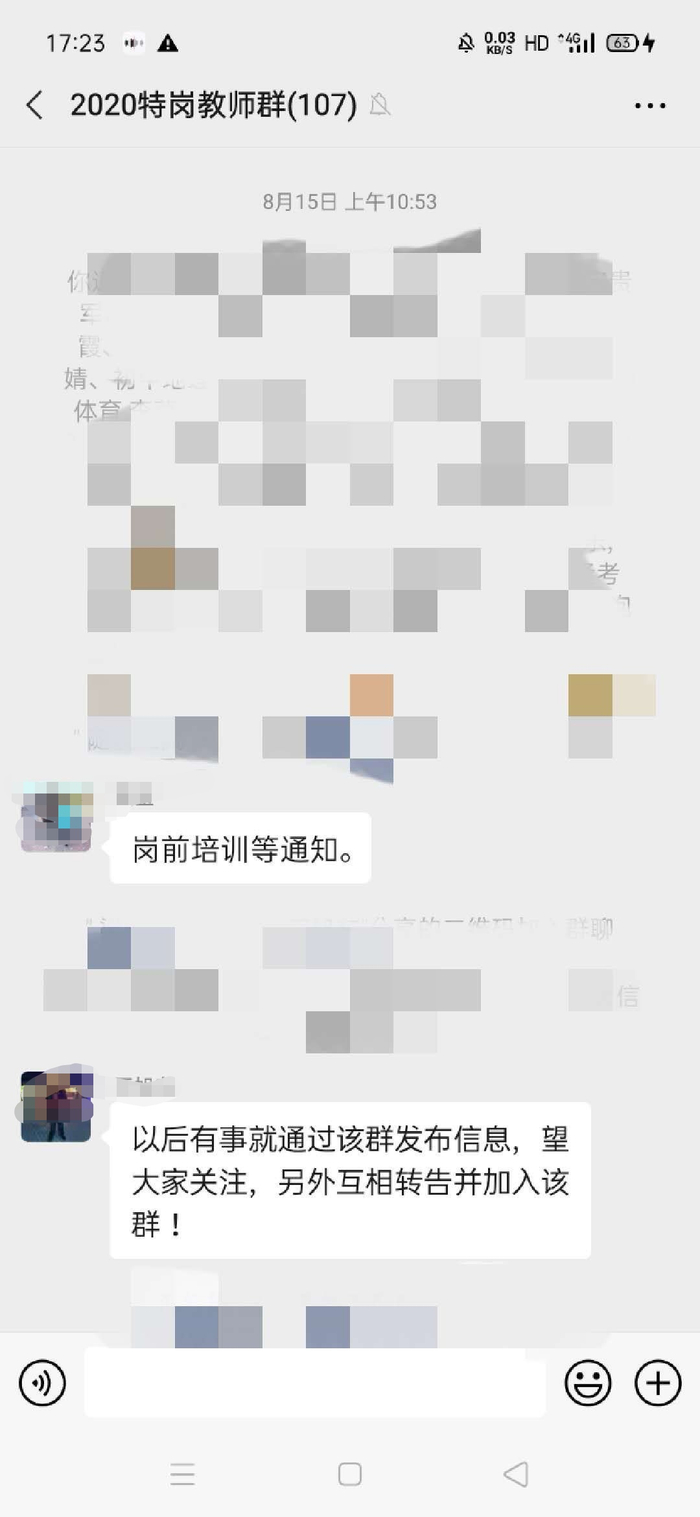 赵婷称，她体检通过后加入2020特岗教师群，有负责人通知等待岗前培训。 受访者 供图
