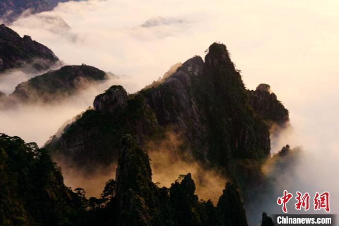  18日傍晚，黄山云海翻腾 青褐色的山峰矗立其间。　方玮 摄