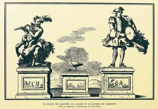 ▲康沃松的代表作，除了图里两边的机器人之外，还有中间的那只机器鸭，伏尔泰对此盛赞说：“没有沃康松的鸭子，人们将如何忆起法兰西的荣耀？”