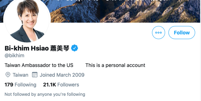  萧美琴个人推特简介改为“台湾驻美大使”