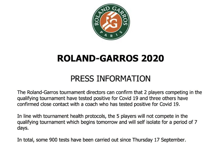  法网宣布5名球员因疫情退赛。网络截图