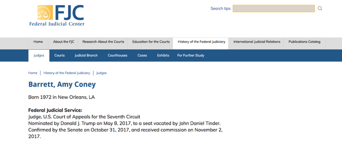 　巴雷特过往经历。/&nbsp;美国联邦司法中心网站截图