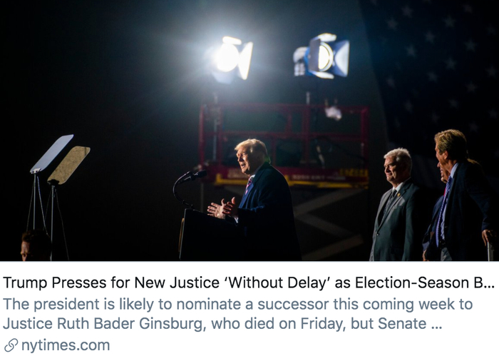 随着大选临近，特朗普“毫不拖延”地推动最高法院大法官的任命流程。/&nbsp;《纽约时报》报道截图