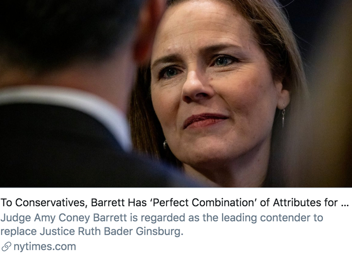 对保守派人士来说，巴雷特是成为最高法院大法官的“完美人选”。/&nbsp;《纽约时报》报道截图