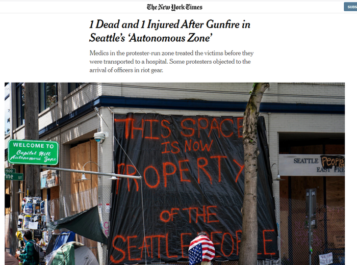  （图为美国西雅图市曾被抗议者占领被建立自治区的地区，该地区曾在6月发生过枪击案，导致1死1伤，但抗议者拒绝警察来执法，截图来自纽约时报的报道）