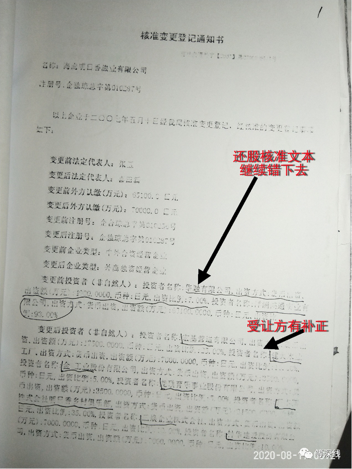  2007年5月10日，张家慧、刘远生系企业在还回海南明日香全部股权时，工商核准通知书在上一次错误的基础上，继续错下去。但受让方的持股情况，已有补正。《等深线》记者 程维 &nbsp;摄