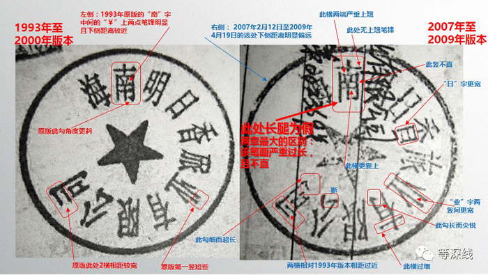 海南明日香2007年至2009年后的公章（图右），最大的识别点就是“长腿南”，其“南”字的第一竖，偏长且不直，这是可以迅速发现的关键识别点。此外，该“南”字横不平，竖不直，中间两点隔得宽，在刻章中属于废字，但正是这个废字，令其成为这枚假公章的主要识别点。《等深线》记者 &nbsp;程维 &nbsp;制图