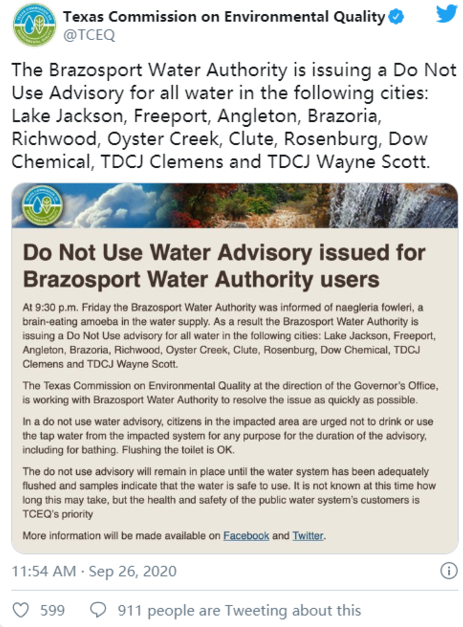 ▲ 得州环境质量委员会发布警告。（图截自该委员会社交媒体平台）