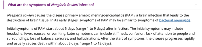 感染食脑虫后的症状。/&nbsp;美国疾控中心网站截图