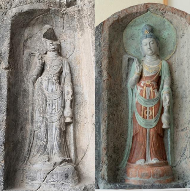 龙门石窟“最美观世音”虚拟复原前（左）和复原后（右）。图/龙门石窟研究院