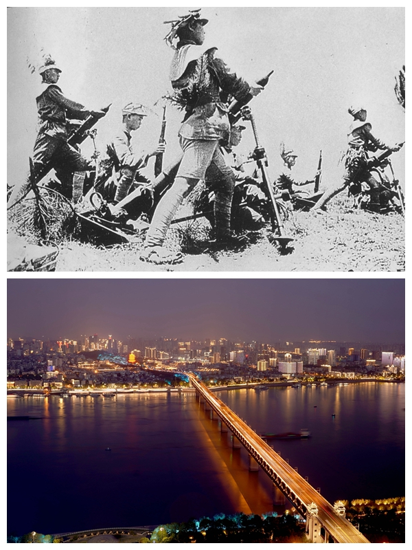 上图为1938年6月12日至10月27日，武汉会战。这是武汉保卫战中，我军向敌人发射迫击炮。