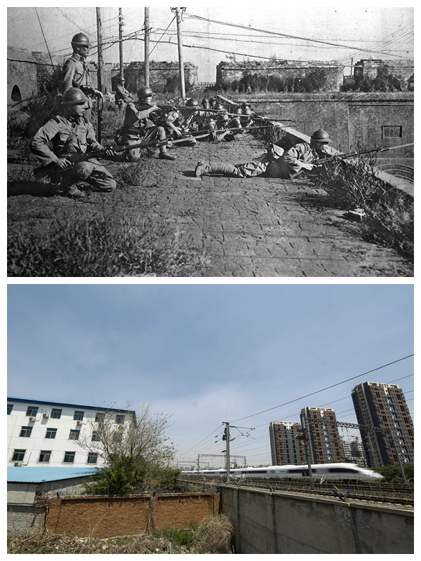 上图为1931年“九一八”事变次日晨，日军在沈阳外攘门上向中国军队进攻。