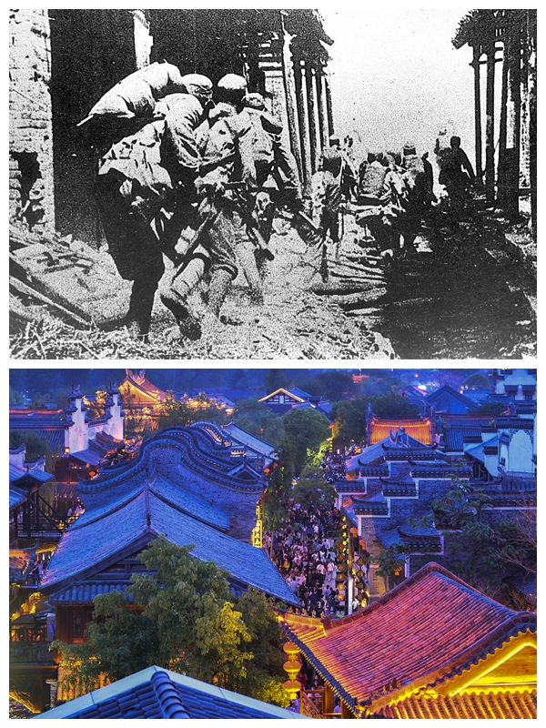 上图为1938年4月上旬，中国军队在台儿庄与日军展开激烈巷战。