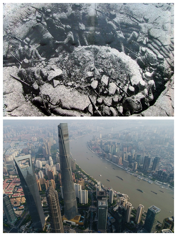 上图为1937年8月13日至11月12日，中日军队进行淞沪会战，这次会战粉碎了日本军国主义者速战速决的迷梦。这是中国军队88师在上海闸北的环形工事里同日军巷战。