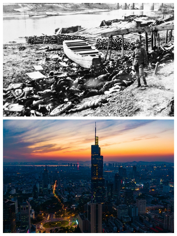 上图为1937年12月中旬，日本侵略军攻占中国南京后，对中国老百姓进行了空前的惨无人道的大屠杀。在南京城西一条流往长江的小河边，被日本侵略军杀害的中国人，尸体遍地血流成河。