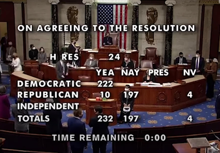众议院表决结果。视频截图