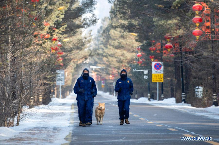 Firefighters exercise in Beiji Village of Mohe City, northeast China's Heilongjiang Province, Jan. 13, 2021. Firefighters stick to their post and keep training despite the freezing weather in Mohe, the northernmost city in China, where the temperature is often below minus 40 degrees Celsius in winter. (Xinhua/Xie Jianfei)