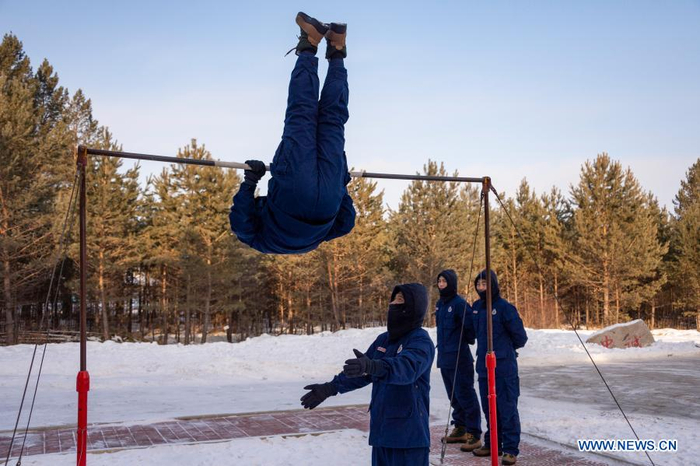 Firefighters exercise at the fire station in Beiji Village of Mohe City, northeast China's Heilongjiang Province, Jan. 13, 2021. Firefighters stick to their post and keep training despite the freezing weather in Mohe, the northernmost city in China, where the temperature is often below minus 40 degrees Celsius in winter. (Xinhua/Xie Jianfei)