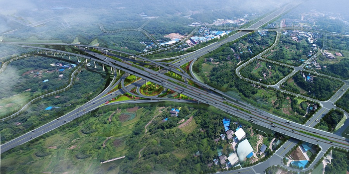 南泉立交：涡轮+半苜蓿叶组合式枢纽立交，设计四层，匝道九条（央广网发 中建铁投重庆分公司供图）