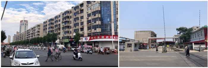 左图远处为位于漯河市双汇路上的双汇大厦，近处为双汇连锁超市；右图为双汇大厦对面的老厂大门，铁轨仍在运行，为老厂运输货物。