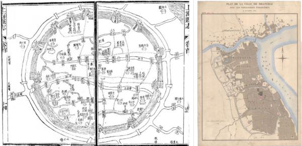 同时代传统版刻图与西方近代实测图的对比,左为1871年同治《上海县志》所收《上海县城图》，右为1861年英国海军制图室所刊《上海城市及外国租界图》