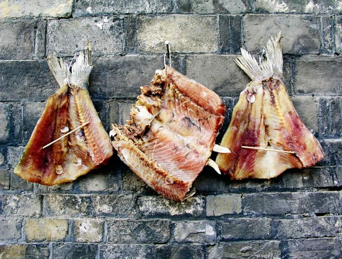 江苏扬州，古城里挂着风干的咸鱼。出版方供图