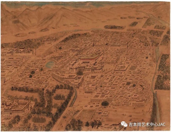 拉萨透视图，创作时间早于1912年材质：墨水、水彩、金箔、纸本