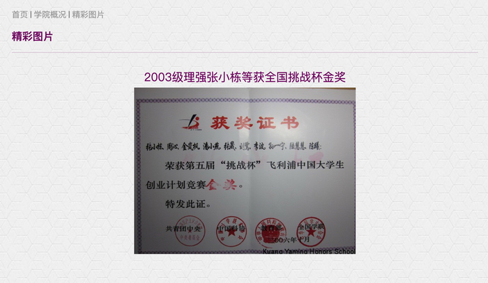南京大学匡亚明学院网站上的获奖证书