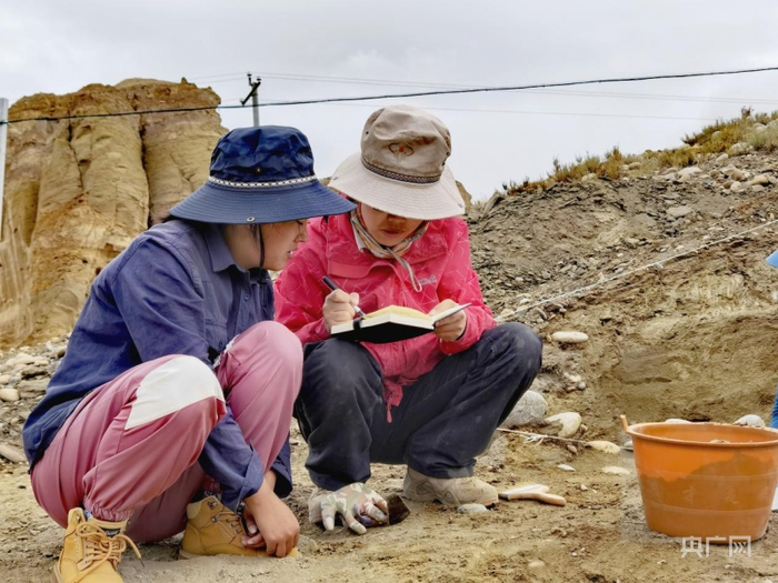 　　西藏自治区文物保护研究所副研究员何伟（右）（总台央广记者 孙鲁晋 摄）
