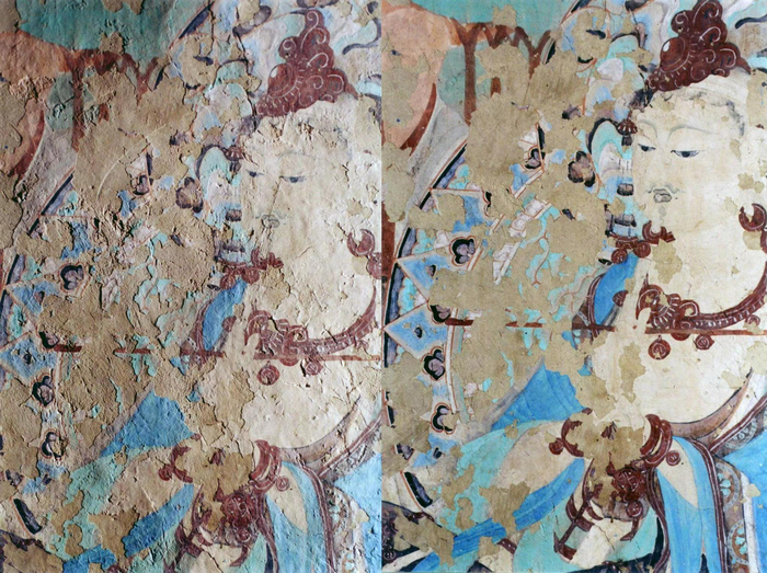 第85窟壁画局部修复前后。（敦煌研究院图）