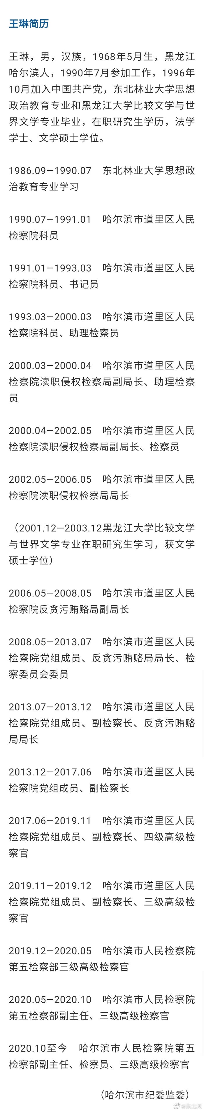 哈尔滨市人民检察院第五检察部副主任王琳主动投案接受纪律审查和监察