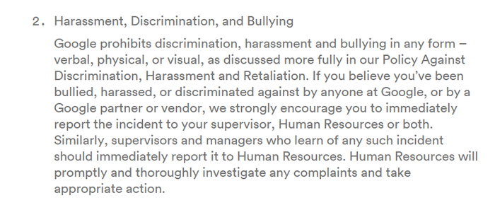 谷歌行为准则中对性骚扰、歧视和霸凌行为的明确规定。图片来源：谷歌