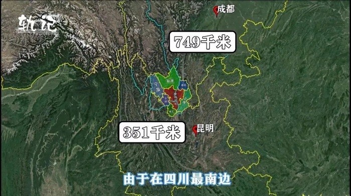 △ 在地理位置上，攀枝花与昆明更近 截图自 B站UP主 轨迹